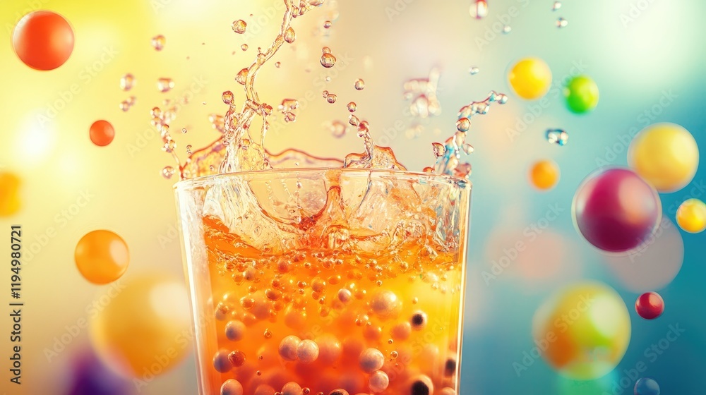 Poster a dynamic splash of bubble tea spilling out of a transparent cup, with vivid colors and floating bub