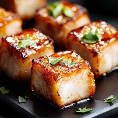 Golden pork belly bites topped with a spicy hoisin glaze