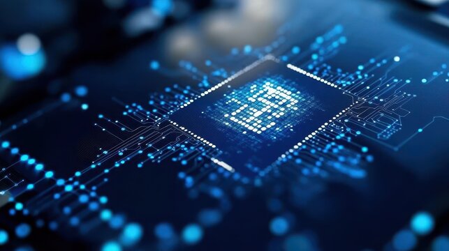 Digital Circuit Board with Microchip and Blue Light Effects