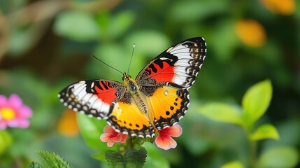 Naklejka premium Close-Up Butterfly on Flower with Blurred Floral Background and Copy Space: Blooming Spring Meadow with Wildflowers and Colorful Butterfly for Nature Wildlife Banner, Poster, and Postcard Design