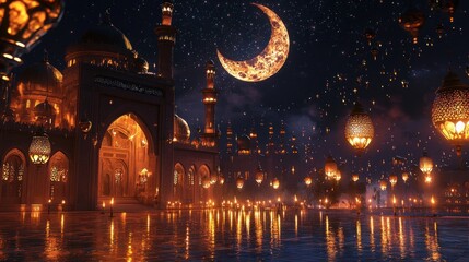 Fototapeta premium A Night of Lights and Reflection: Ramadan Celebration at a Majestic Mosque