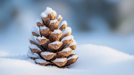 A close-up of a pinecone covered in fresh snow, highlighting the texture and the cold