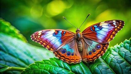 Naklejka premium Damaged Butterfly Close-Up: Ragged Wings on Green Leaf