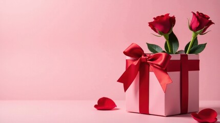 A Pink Gift Box Adorned with a Lush Red Ribbon and Two Exquisite Red Roses, Set Against a Delicate Pink Background