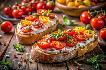 Delicious Ciabatta Bruschetta with Tomatoes, Cream Cheese & Spices - Stock Photo