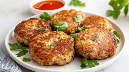 Golden pork fritters paired with roasted red pepper coulis and fresh herbs
