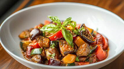 A French ratatouille with eggplant, zucchini, peppers, and tomatoes, showcasing the rustic and communal aspect of French countryside cuisine and shared meals.