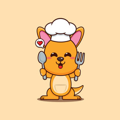 chef kangaroo mascot cartoon character holding spoon and fork.