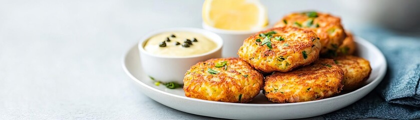 Fototapeta premium Golden pork fritters served with a zesty lemon caper sauce
