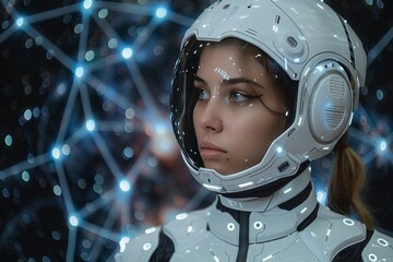 Futuristic astronaut woman in sleek space suit gazing thoughtfully into the cosmos with digital background