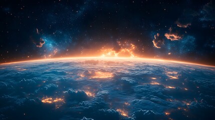 Fototapeta premium A breathtaking view of Earth’s horizon from outer space, with glowing clouds and a cosmic backdrop.
