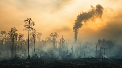 A forest in distress, with trees losing their leaves and a haze of pollution looming above, showcasing the environmental effects of global warming.