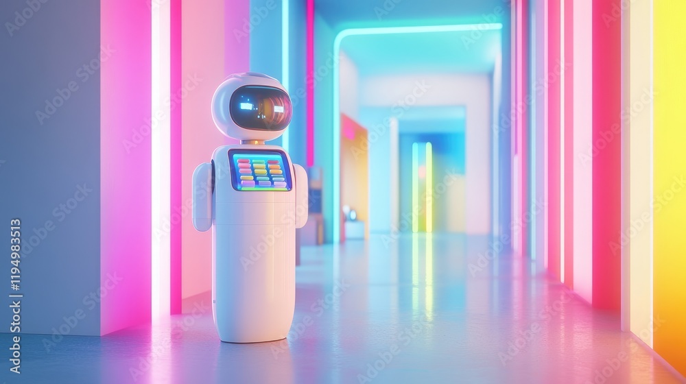 Poster A friendly robot with a pill display stands in a brightly colored room, offering a futuristic approach to healthcare and medication management.