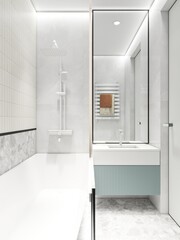 Bathroom interior design in white. White shower system. Shelves in the bathroom. Sick mirror above the washbasin. Brick tiles in the bathroom. Colored vanity cabinet