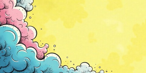 Obraz premium Whimsical pastel colored cloud illustration with a vibrant yellow background, perfect for playful designs and imaginative projects