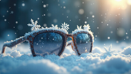 Snow-covered sunglasses resting on a winter landscape illuminated by soft sunlight