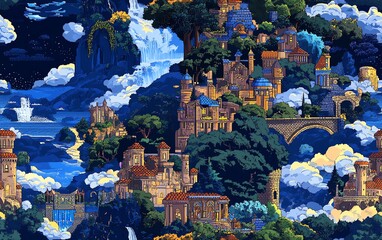 Obraz premium Fantasy landscape painting featuring majestic castles, waterfalls, and clouds. Ideal for fairytale, fantasy, or magical themes.