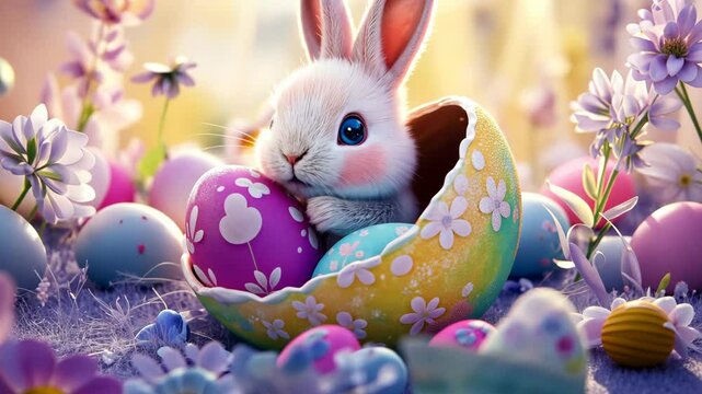 A cute Easter bunny inside an open, colorful egg with flowers and eggs around it.