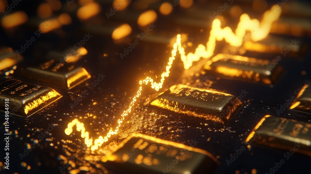 Aufkleber a glowing gold line chart rising on a dark background, with visual elements like gold bars and data 