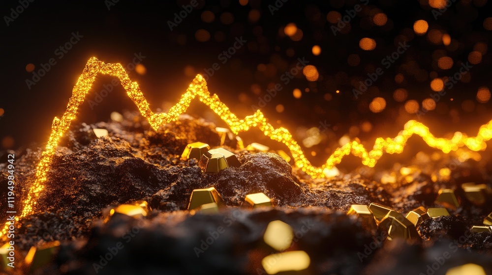 Poster a glowing gold line chart rising on a dark background, with visual elements like gold bars and data 