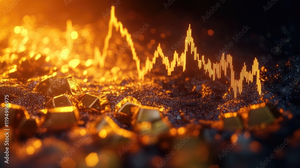Poster a glowing gold line chart rising on a dark background, with visual elements like gold bars and data 