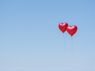 Two red heart-shaped balloons floating against a clear blue sky.