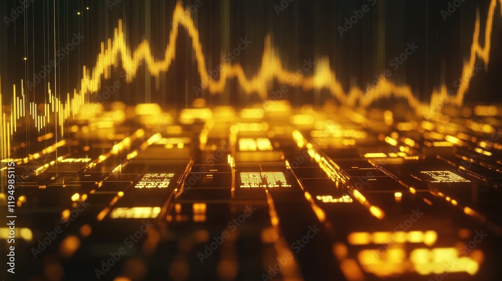 Poster a glowing gold line graph depicting the rising price of gold, with data points on a dark background 