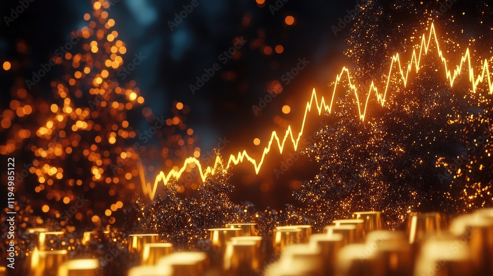 Poster a glowing gold line graph depicting the rising price of gold, with data points on a dark background 