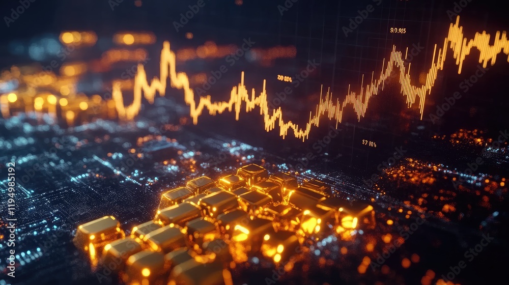 Poster a glowing gold line graph depicting the rising price of gold, with data points on a dark background 