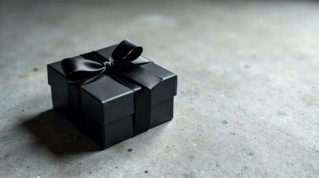 A sophisticated black gift box with a sleek satin ribbon, resting on a textured gray surface, conveys elegance and mystery