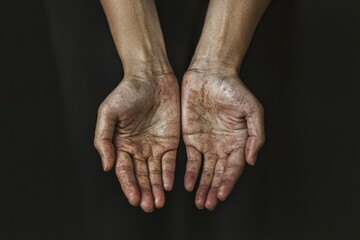 Fototapeta premium Hands show wear, symbolizing hard work and resilience against da