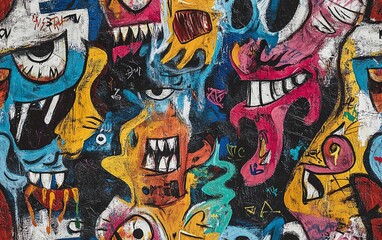 Obraz premium Vibrant, psychedelic graffiti art featuring grotesque, cartoonish faces and abstract shapes. Bold colors and expressive lines create a dynamic, energetic composition.