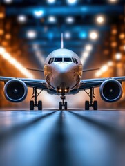 Fototapeta premium Airplane on Runway with Bright Lights in Background at Night