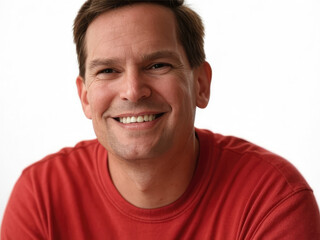 Obraz premium Happy Middle-Aged Man in a Red T-Shirt with a Genuine Smile, Close-Up Portrait of a Man with a Warm and Heartfelt Expression, Perfect for Friendly and Welcoming Themes