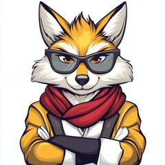 Fototapeta premium Stylish Fox Wearing Glasses and Scarf Arms Crossed