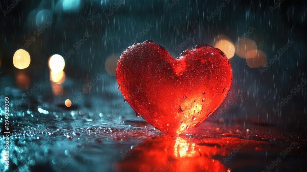 Poster a glowing red heart against a rainy night backdrop, with bokeh lights creating a romantic and intima