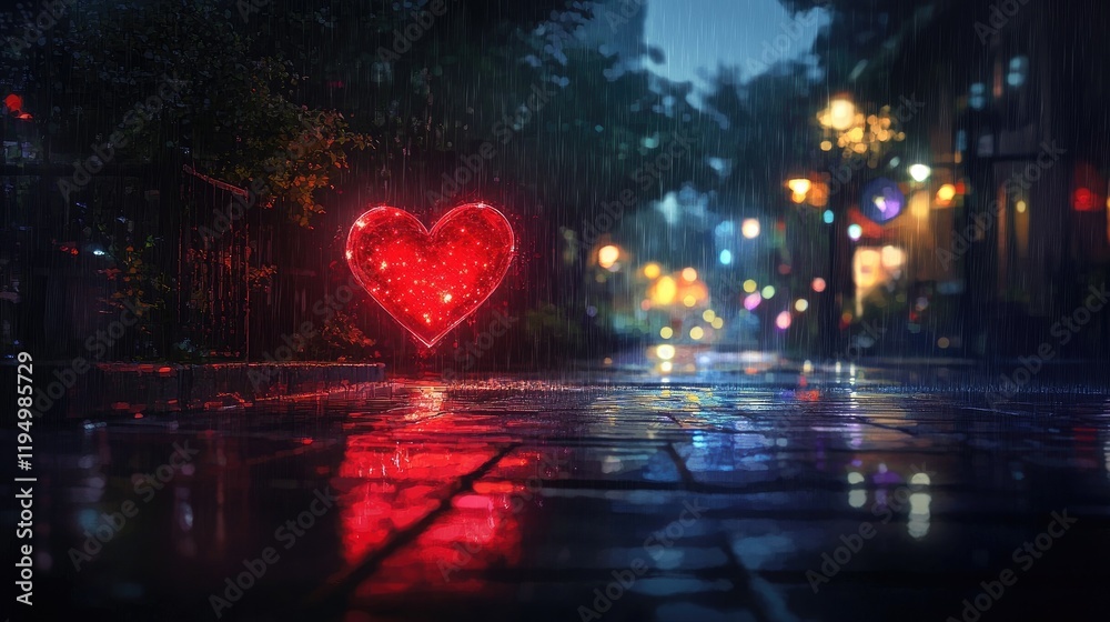 Aufkleber a glowing red heart illuminated by bokeh lights on a rainy night, setting the mood for a romantic, i