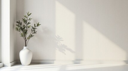 Serene Minimalist Interior Design Featuring a Simple White Vase with Greenery and Sunlight Casting Shadows on a Blank Wall