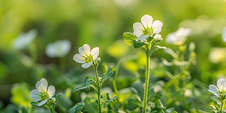 Delicate white flowers of Arugula Diplotaxis tenuifolia bloom with lush green leaves in a soft focus macro shot with ample blurred background space