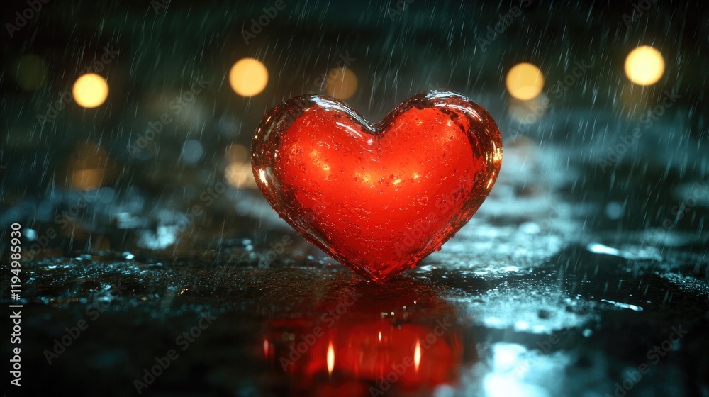 Poster a glowing red heart on a rainy night, illuminated by soft bokeh lights in the background, creating a
