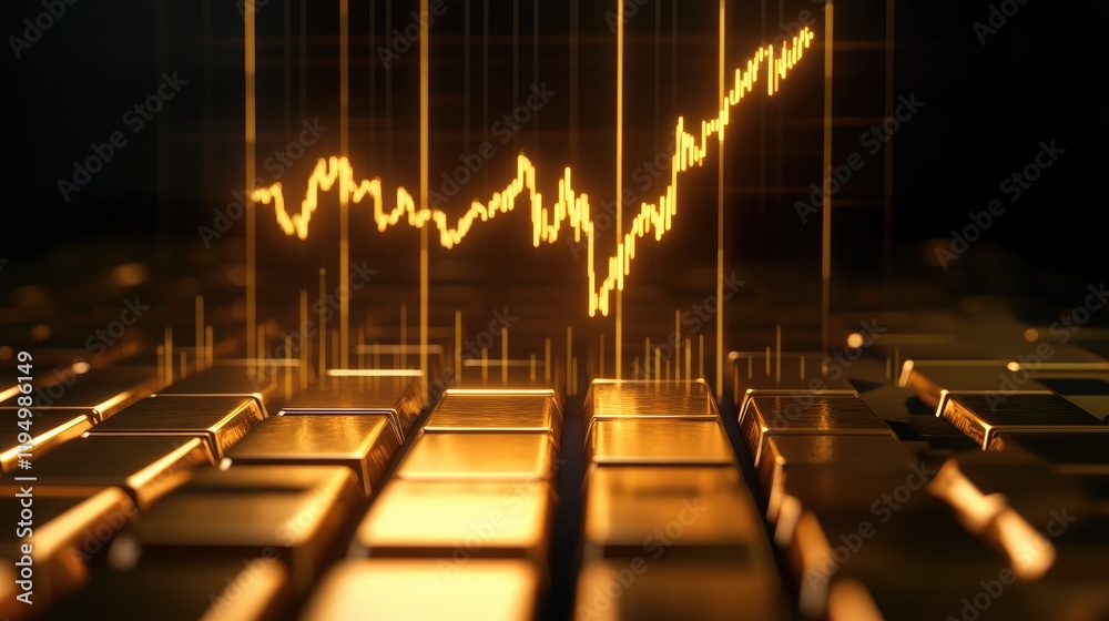 Poster a glowing upward gold line graph symbolizing the rise in gold prices, set against a dark background 