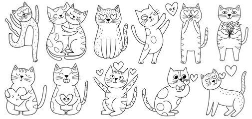 Cute romantic cats black and white set for coloring book. Funny feline characters for Valentine's Day and Love coloring page. Outline doodle animals collection in cartoon style. Vector illustration