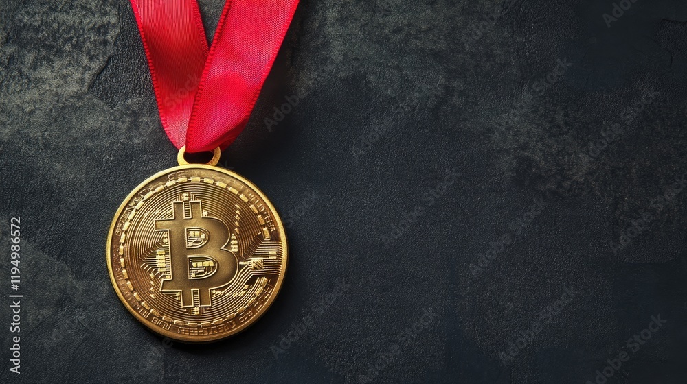 Poster A golden Bitcoin medal with a red ribbon on a dark background, symbolizing achievement and recognition in cryptocurrency or blockchain-related rewards.