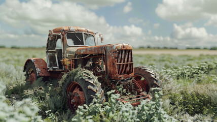 Naklejka premium Old Rusted Farm Equipment: A close-up of old, rusted farm equipment lying abandoned in a field overtaken by weeds, symbolizing the collapse of rural industries.