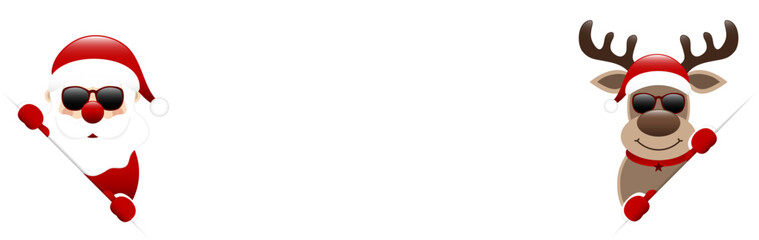 Gerader Weihnachtsmann Und Rentier Mit Sonnenbrille Banner Diagonal Innen Dunkelrot