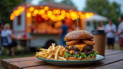 Delicious Cheeseburger and Fries Near a Festive Food Truck with Lights