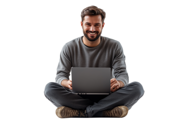 Sitting man with laptop isolated on white
