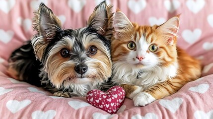 A Yorkshire terrier and a calico cat sitting on a heart-patterned blanket, a pale pink solid background, diffused natural lighting, delicate and detailed illustration, the mood loving and gentle