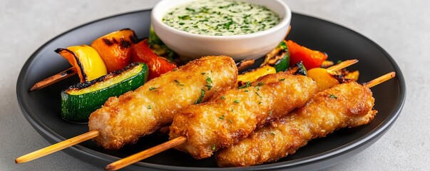 Golden-fried pork skewers with grilled vegetables and a zesty herb dip