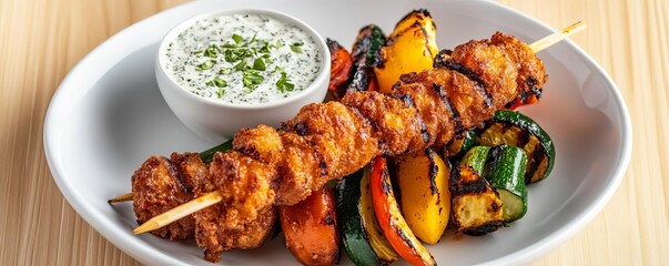 Fototapeta premium Golden-fried pork skewers with grilled vegetables and a zesty herb dip
